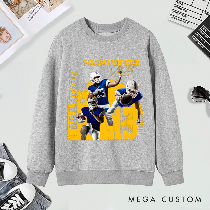 Personalized American Football Sweatshirt with Custom Photo, Name, Team Name, and Number Design
