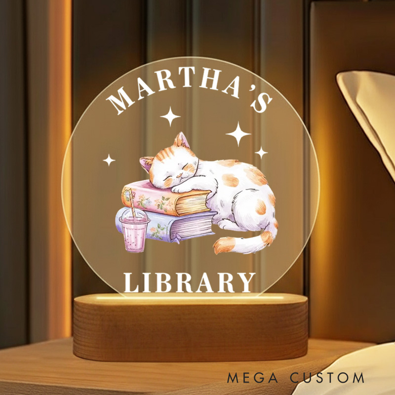Personalized Cat and Book Night Light Custom Name's Library LED Light with Name Book Club Decor Book Lover Gift Bookish Gift