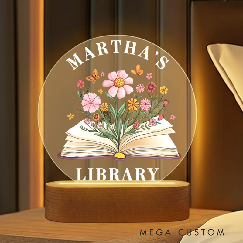 Personalized Flower Book LED Night Light with Name Custom Name's Library Night Light Bookworm Home Decor Book Lover Gift Bookish Gift
