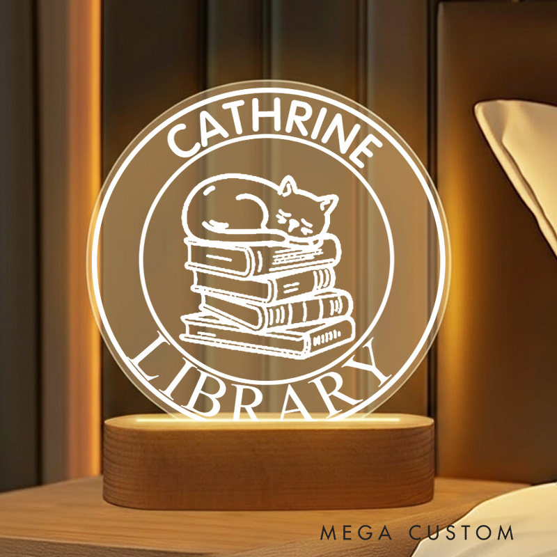 Personalized Sleep Cat and Book LED Night Light with Name Custom Bookish Reader Night Light Librarian Decor Book Lover Gift Bookish Gift