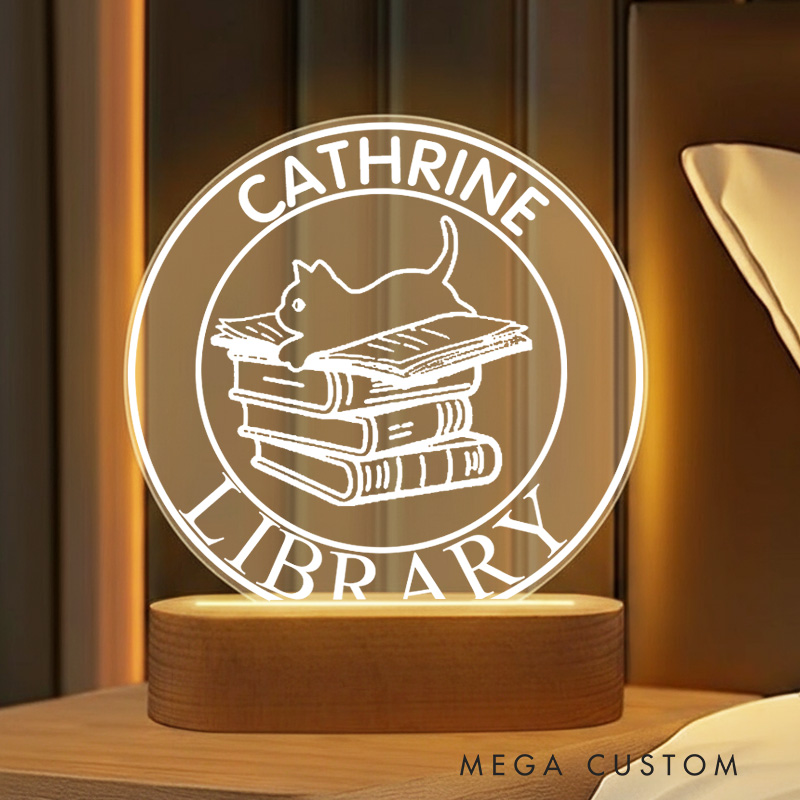 Personalized Book Lover LED Night Light with Name Custom Floral Cat Night Light Bookish Reader Decor Book Lover Gift Bookish Gift