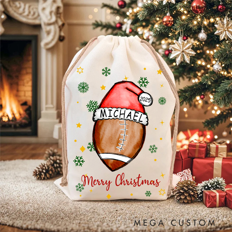Personalized Merry Christmas Sack with Sports Ball and Custom Name and Year  