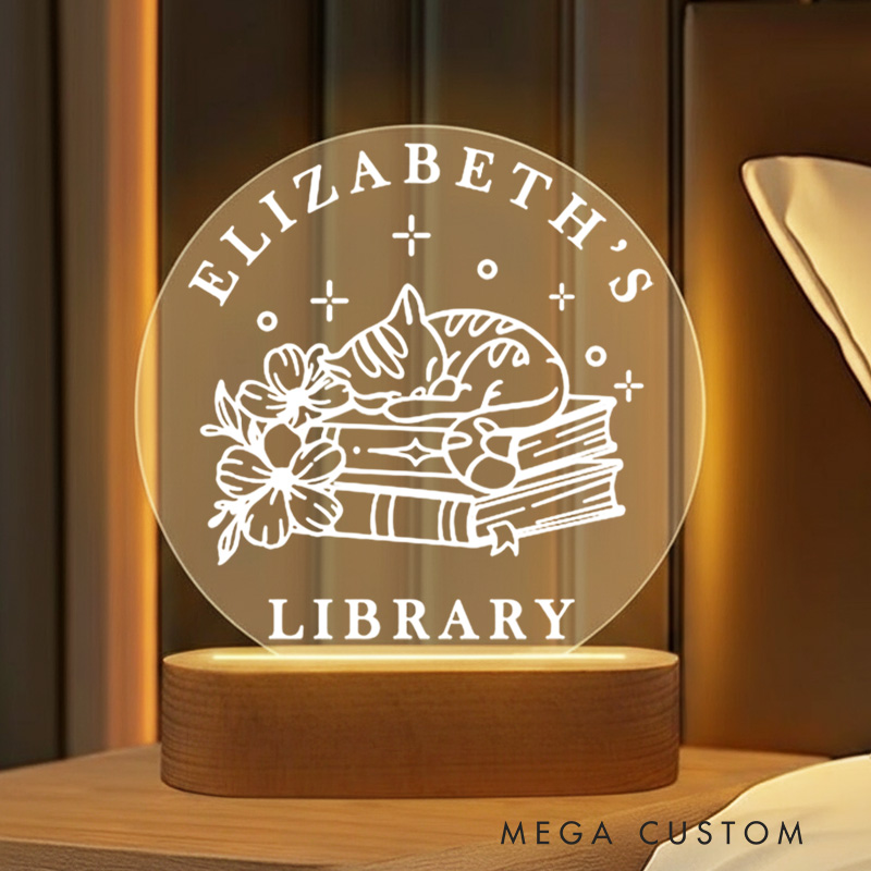 Personalized Flower Book Night Light with Name Floral Cat Bookshelf Sign Light Readers Light Book Lover Gift Bookish Gift