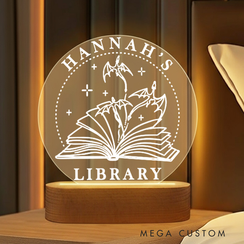 Personalized Fantasy Book Night Light with Name Dragon and Book Bookshelf Sign Light Readers Light Book Lover Gift Bookish Gift