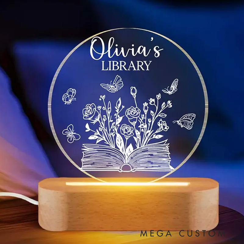 Personalized Reading Night Light Name's Library Sign Light Bookish Bookshelf Light Butterflies Book Gift Book Lover Gift Bookish Gift