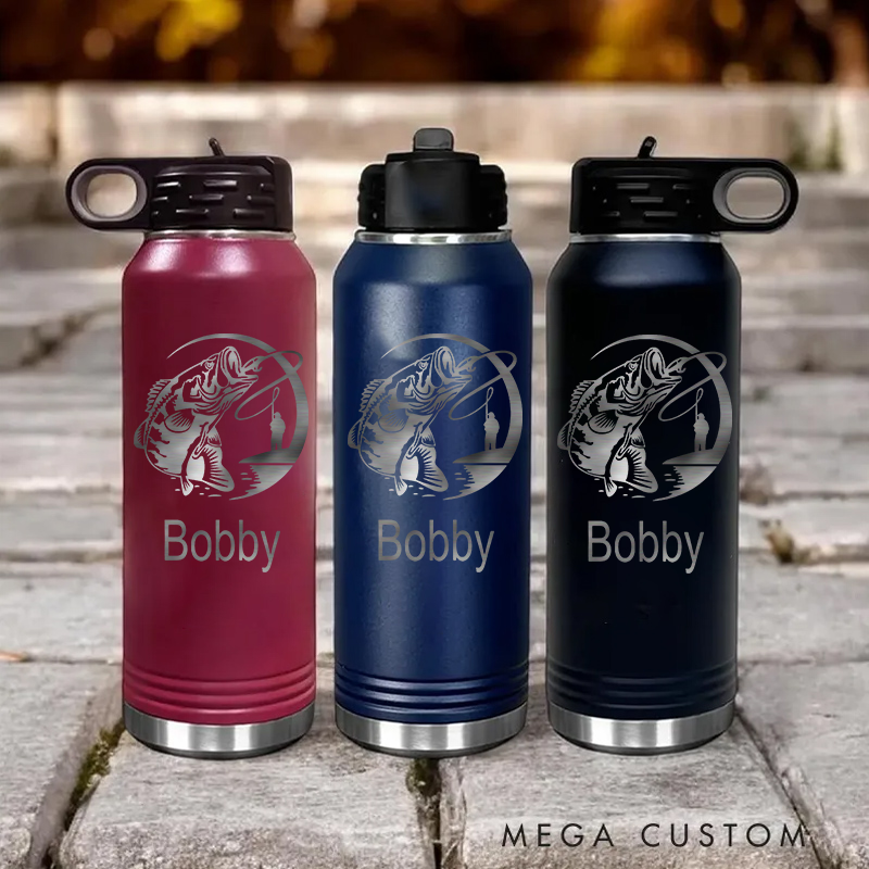 Personalized Stainless Steel Water Bottle Engraved Water Bottle Bass Fishing Bottle Etched Water Bottle With Straw Perfect Gift for Fishing Lover