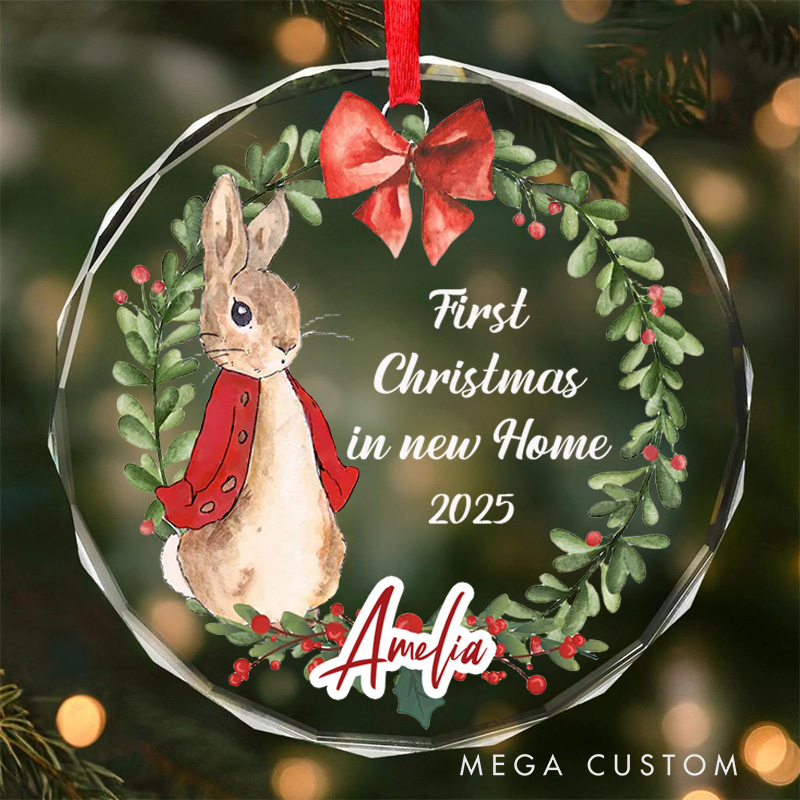 Personalized First Christmas in New Home Ornament 2025 Bunny and Festive Wreath Design Custom Holiday Decoration for New Homeowners Memorable Keepsake Gift
