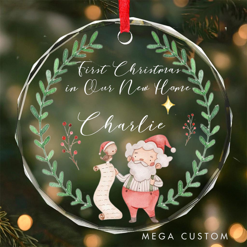 Personalized First Christmas in Our New Home Ornament 2025 Santa and Wreath Design Custom Holiday Decoration for New Homeowners Festive Keepsake Gift
