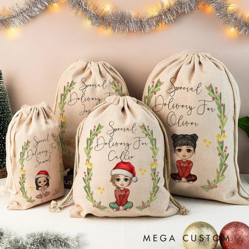 Personalized Cartoon Character Special Delivery Christmas Sack Drawstring Treat Bag with Name Christmas Party Favor Gift 