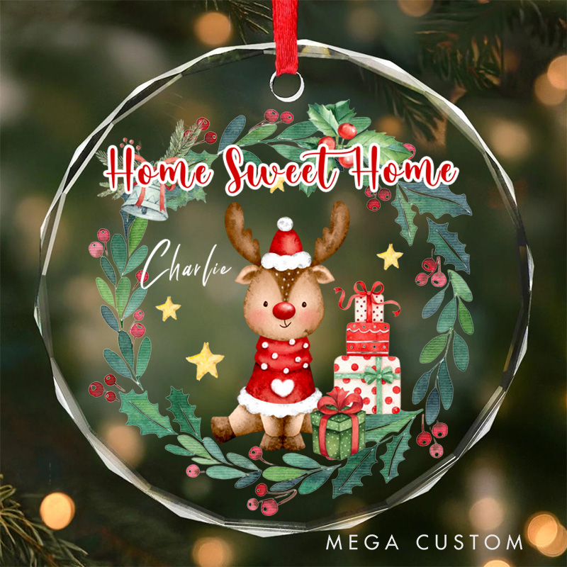 Personalized Home Sweet Home Christmas Ornament 2025 Reindeer and Gift Wreath Design Custom Holiday Decoration for New Homeowners Festive Keepsake Gift