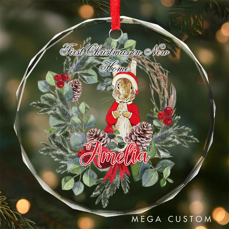 Personalized First Christmas in New Home Ornament 2025 Festive Bunny and Pinecone Wreath Design Custom Holiday Decoration for New Homeowners Keepsake Gift