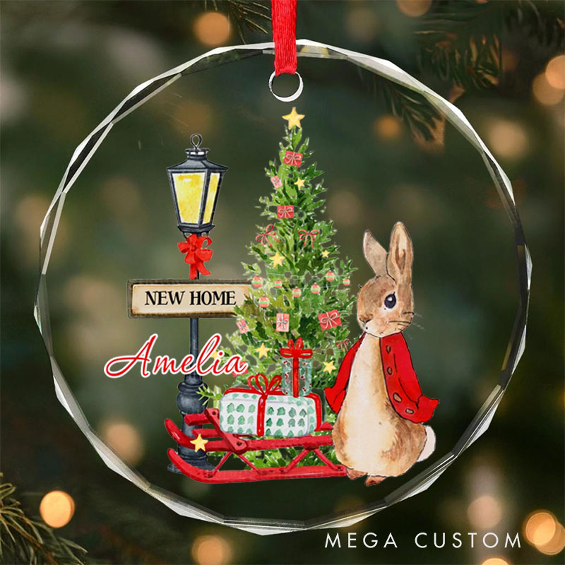 Personalized First Christmas in New Home Ornament 2025 Festive Bunny with Christmas Tree and Sleigh Design Custom Holiday Decoration for New Homeowners Gift