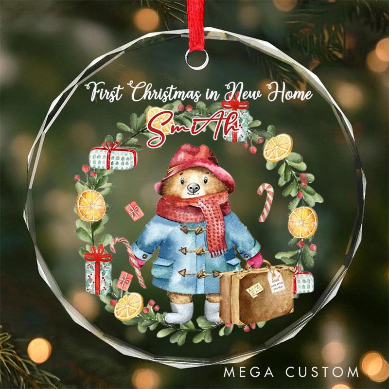 Personalized First Christmas in New Home Ornament 2025 Festive Bear with Wreath and Gifts Design Custom Holiday Decoration for New Homeowners Keepsake Gift