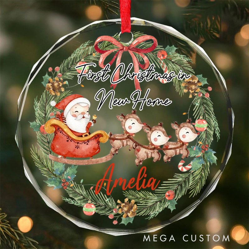 Personalized First Christmas in New Home Ornament 2025 Santa Sleigh and Reindeer Wreath Design Custom Holiday Decoration for New Homeowners Keepsake Gift