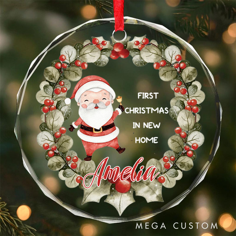 Personalized First Christmas in New Home Ornament 2025 Santa and Holly Berry Wreath Design Custom Holiday Decoration for New Homeowners Keepsake Gift