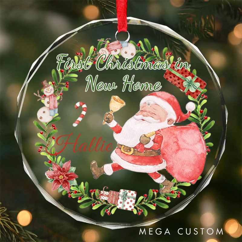 Personalized First Christmas in New Home Ornament 2025 Santa with Gift Bag and Festive Wreath Design Custom Holiday Decoration for New Homeowners Keepsake Gift