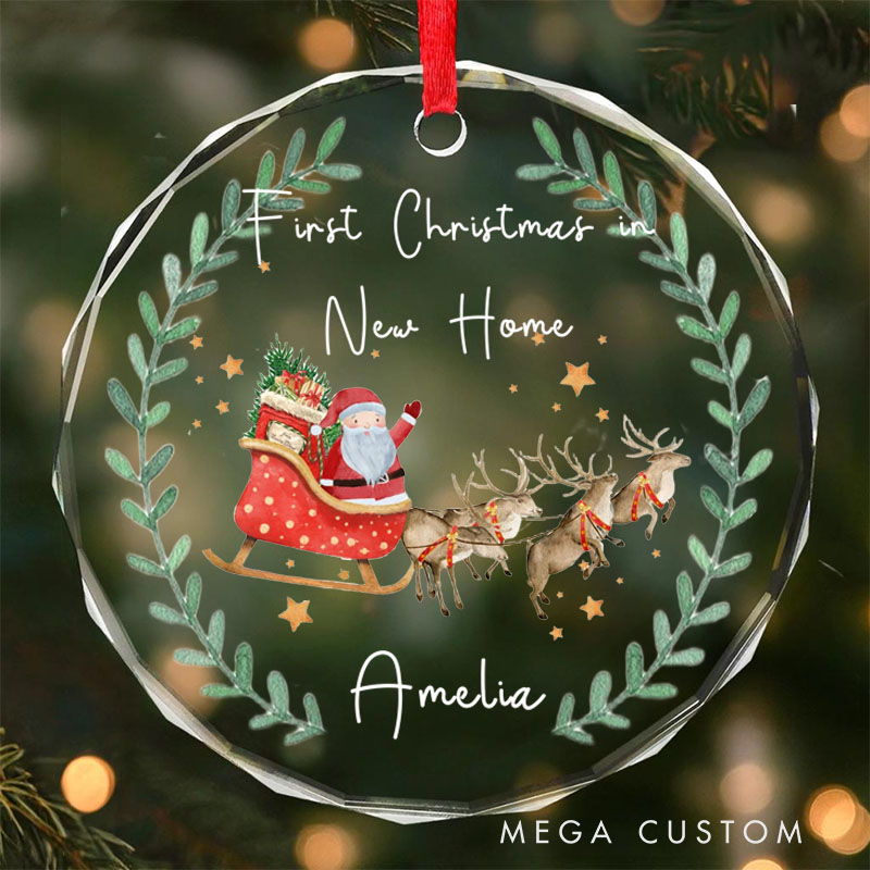 Personalized First Christmas in New Home Ornament 2025 Santa Sleigh and Reindeer Wreath Design Custom Holiday Decoration for New Homeowners Keepsake Gift
