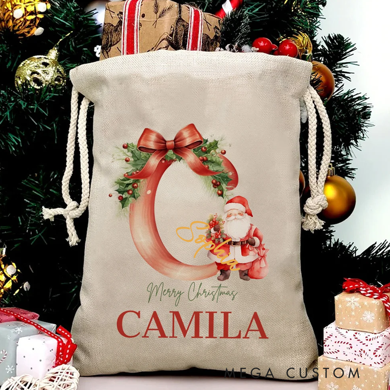 Personalized Santa Initial Merry Christmas Sack Drawstring Treat Bag with Name Christmas Party Favor Gift
