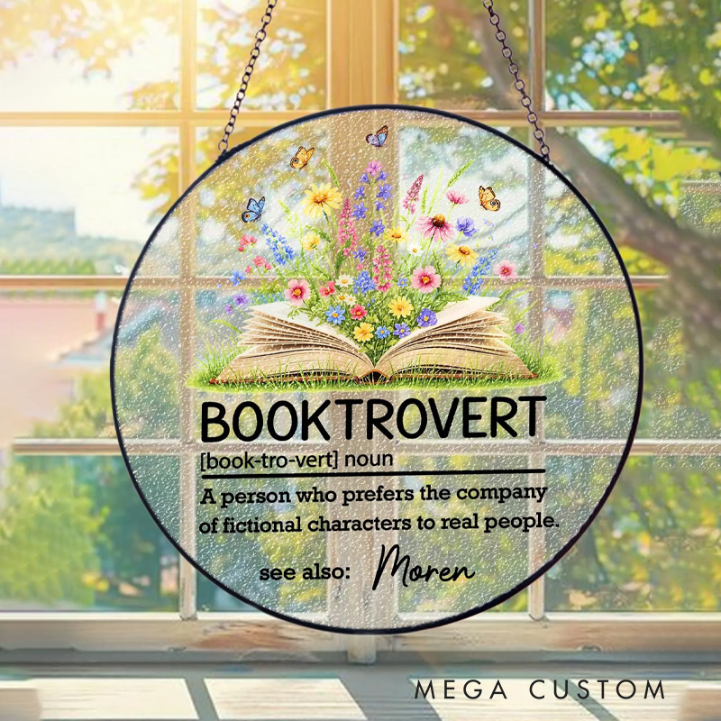 Personalized Booktrovert Stained Glass Suncatcher Flower Book Ornament with Name Bookworm Window Decor Book Lover Gifts Librarian Gift