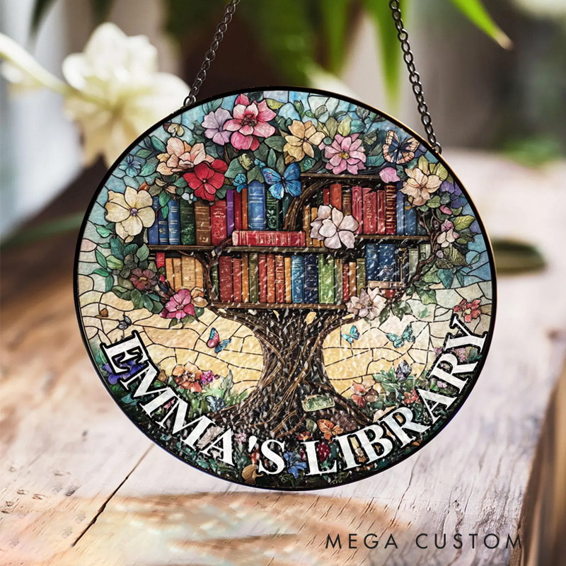 Personalized Library Tree Stained Glass Suncatcher Floral Bookshelf Window Decor with Name Home Library Art for Book Lover Gift Librarian Gift