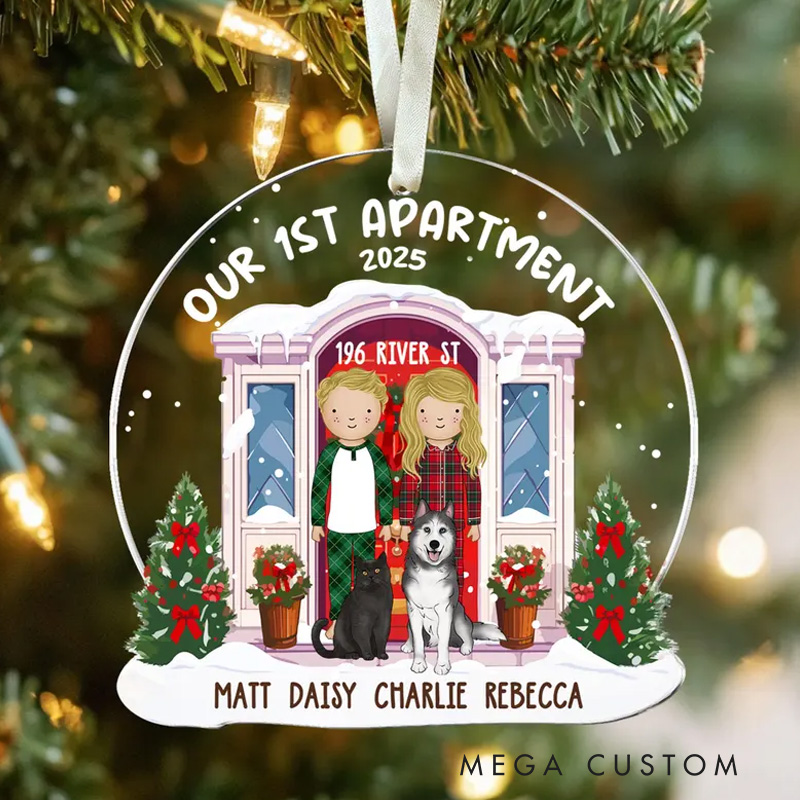 Personalized Our First Apartment Ornament Custom New Home Ornament Couple With Pet Christmas Ornament Our First Home Gift Newlywed Gift