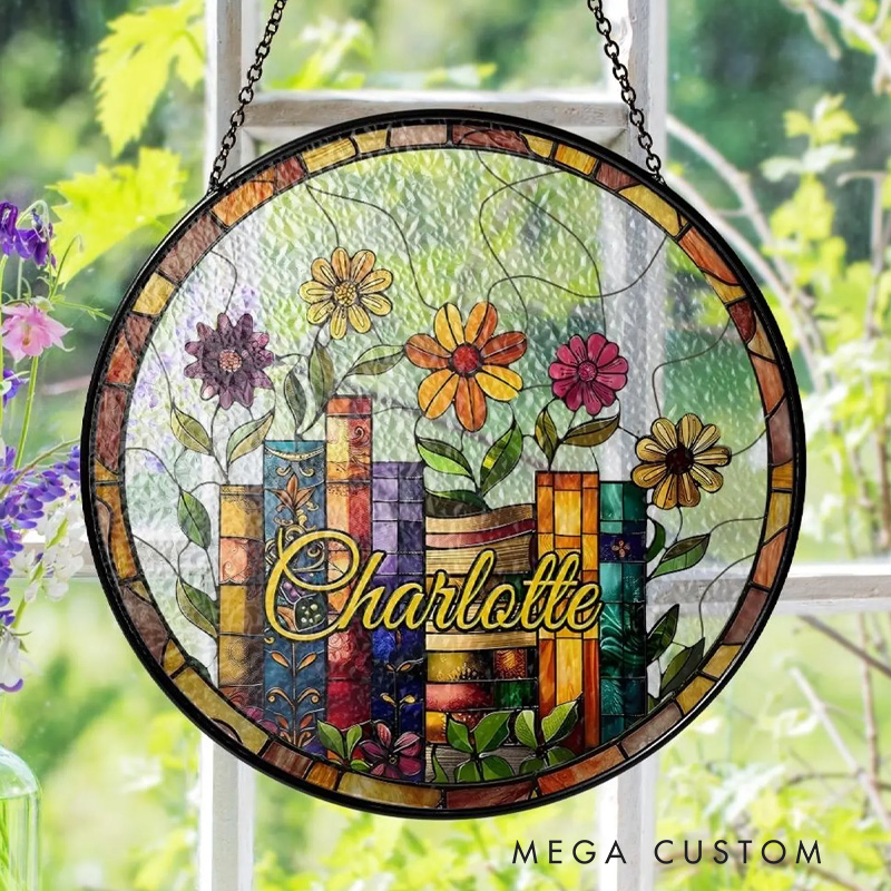 Personalized Flower Book Coffee Stained Glass Suncatcher with Name Window Hanging Decor for Book Lover Gift Librarian Gift