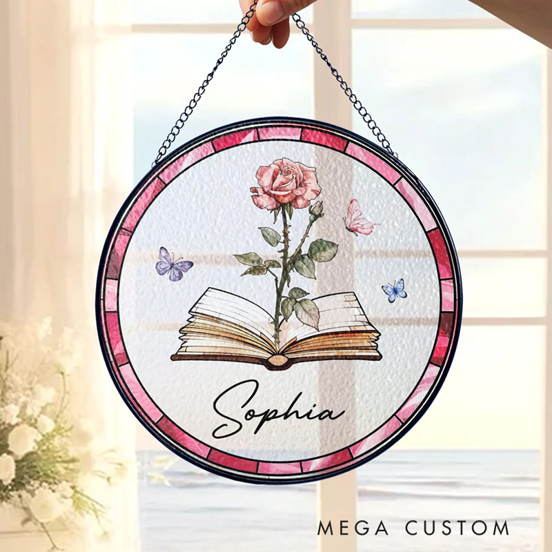 Personalized Birth Flower Book Stained Glass Suncatcher with Name Book Club Window Hanging Decor for Book Lover Gift Librarian Gift