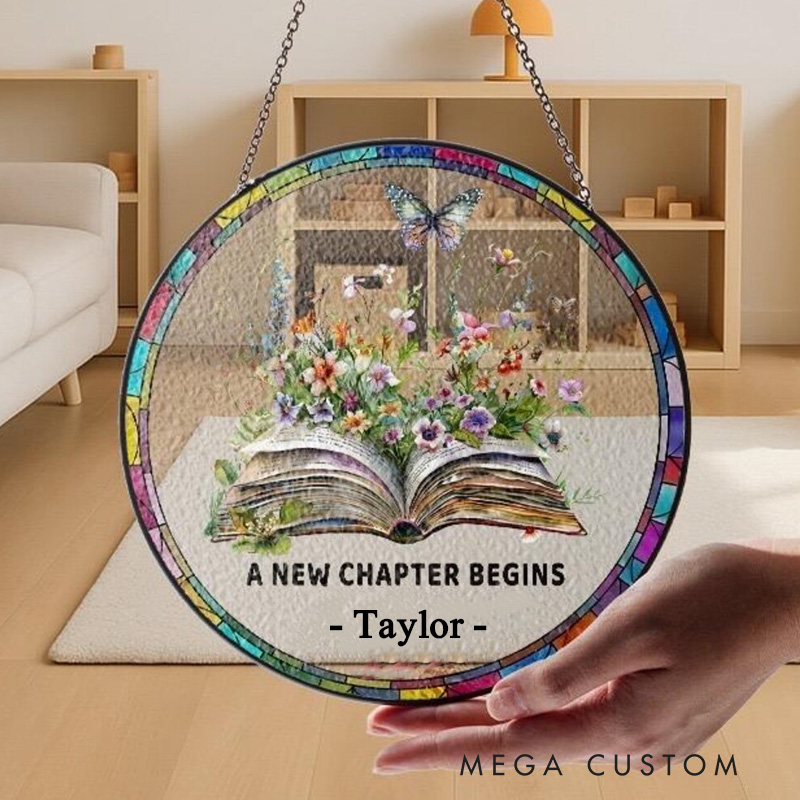 Personalized a New Chapter Begins Stained Glass Suncatcher with Name Floral Book Window Hanging Decor for Book Lover Gift Librarian Gift