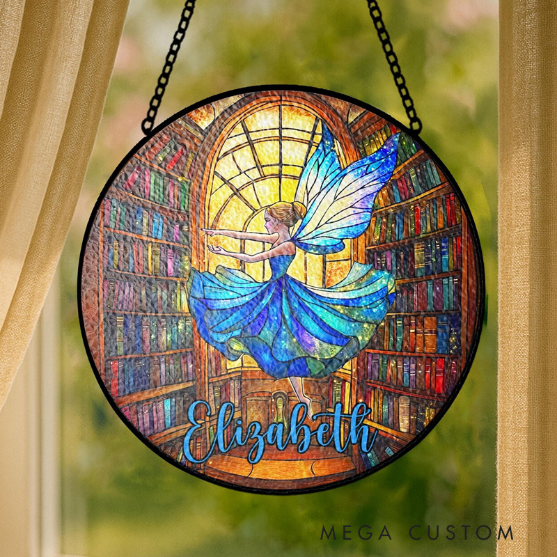 Personalized Fairy Stained Glass Suncatcher with Name Bookish Bookshelf Window Hanging Book Club Decor for Book Lover Gift Librarian Gift
