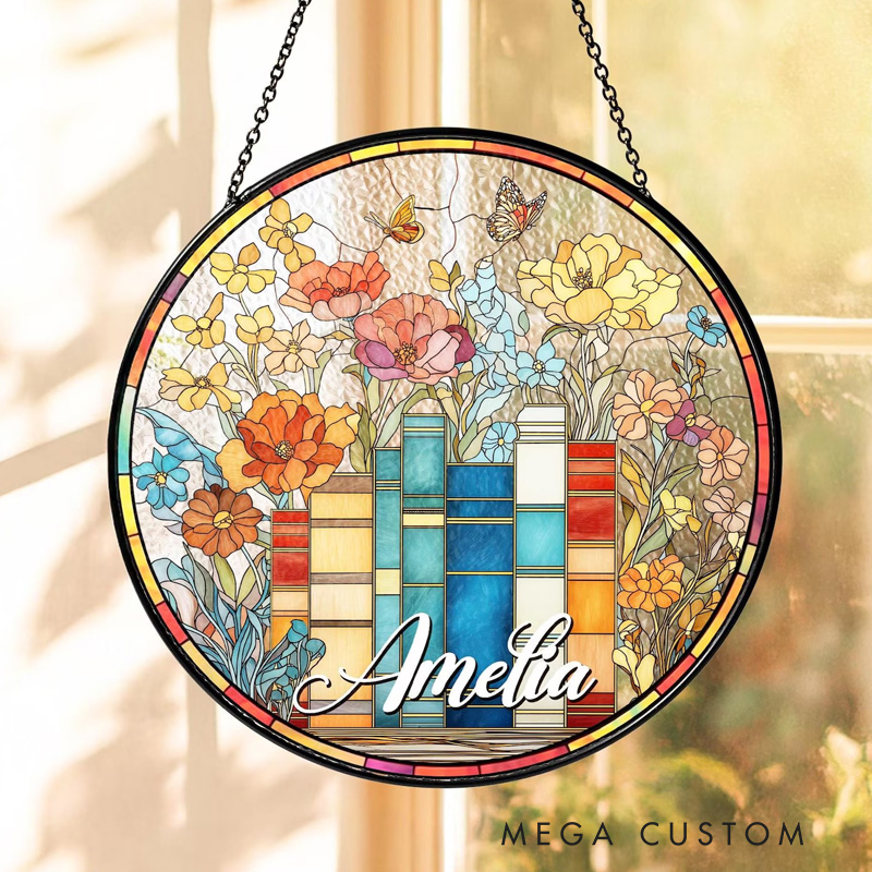 Personalized Flower Book Stained Glass Suncatcher with Name Book Window Hanging Library Decor for Book Lover Gift Librarian Gift