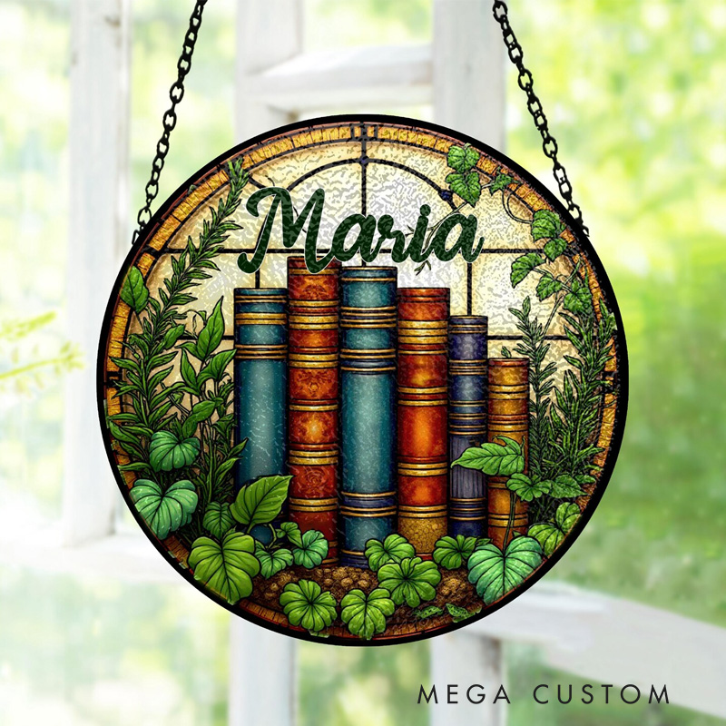 Personalized Bookshelf Stained Glass Suncatcher with Name Botanical Vintage Library Window Hanging Art for Book Lover Gift Librarian Gift