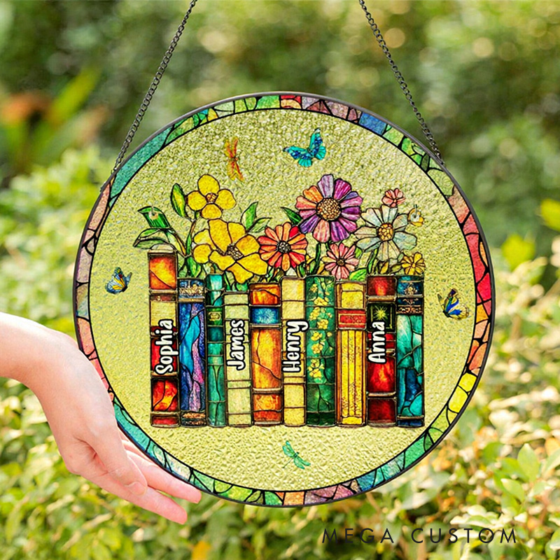 Personalized Name Flower Book Stained Glass Suncatcher Book Club Suncatcher Library Window Hanging for Book Lover Gift Librarian Gift