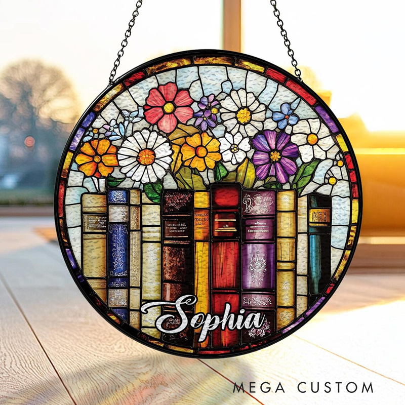 Personalized Flower Book Stained Glass Suncatcher Book Club Suncatcher Bookish Library Decor with Name for Book Lover Gift Librarian Gift