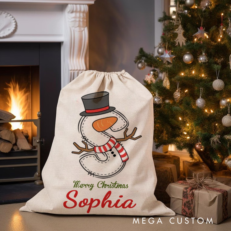 Personalized Cartoon Snowman Initial Santa Sack Drawstring Gift Bag with Name Merry Christmas Party Favors 