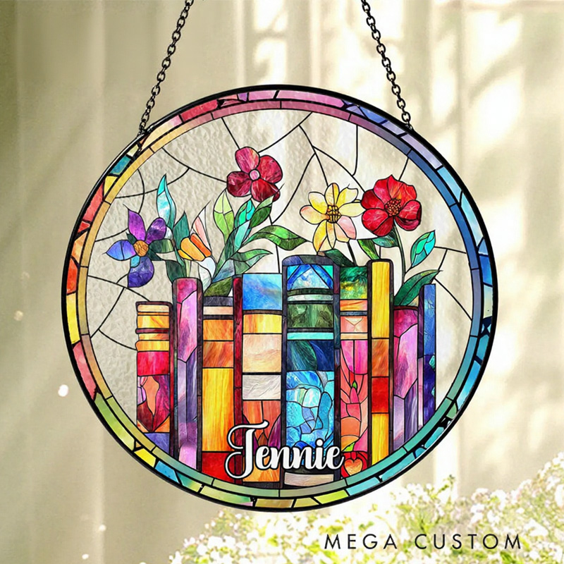 Personalized Floral Book Stained Glass Suncatcher Librarian Suncatcher with Name Bookish Window Decor for Book Lover Gift Librarian Gift