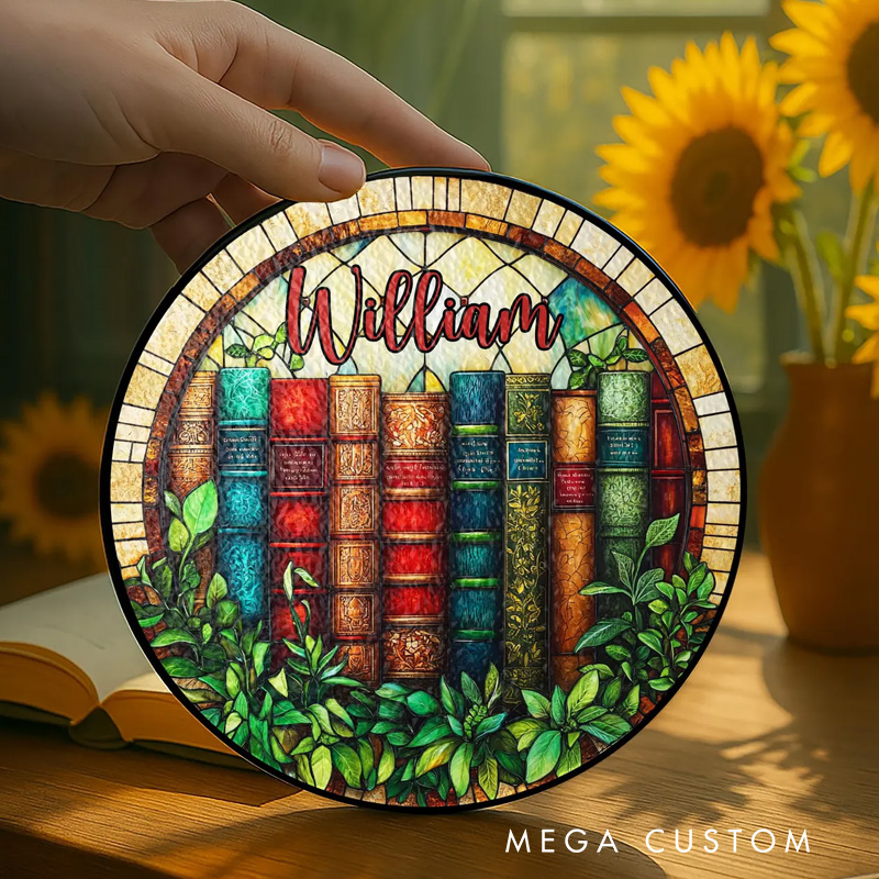 Personalized Vintage Book Stained Glass Suncatcher Library Window Art with Name Bookish Window Hanging for Book Lover Gift Librarian Gift