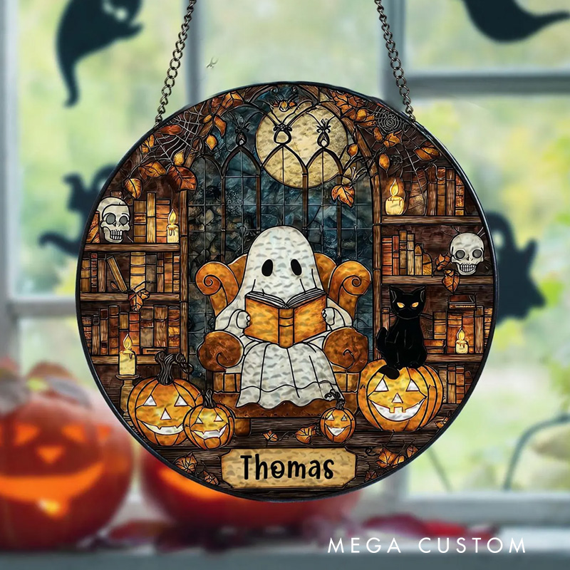 Personalized Ghost Reading Book Stained Glass Suncatcher Ghost Gothic Halloween Window Decor with Name for Book Lover Gift Librarian Gift
