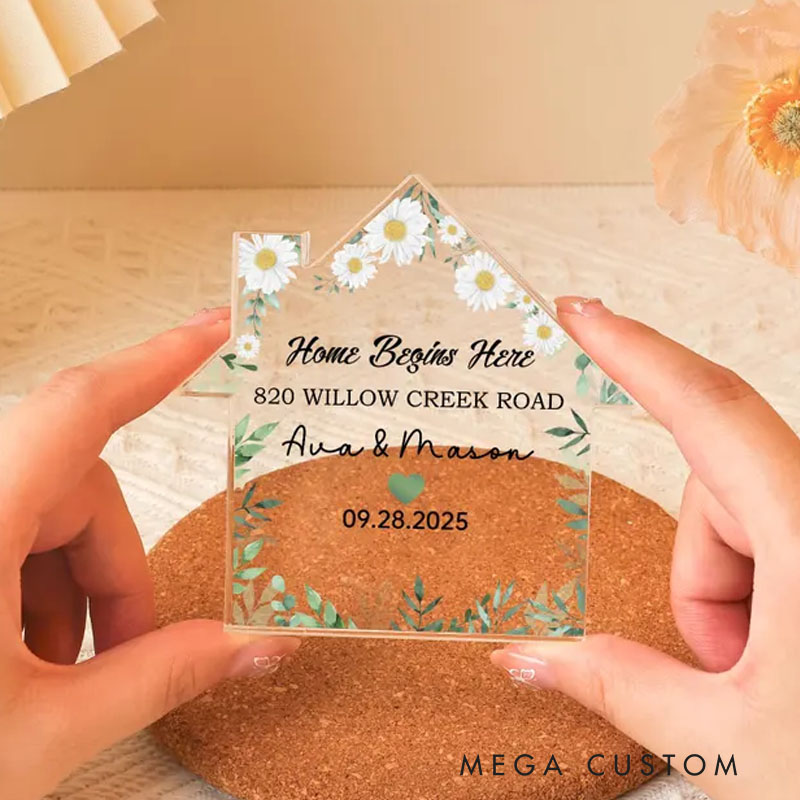 Personalized First Home Gift with Location Gift for New Couples House Shape Acrylic Block New Home Gifts Plaque Gift for New Homeowners