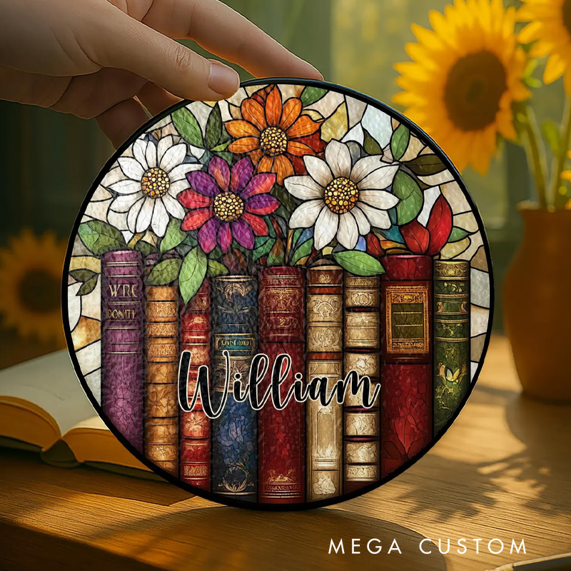 Personalized Flower Book Stained Glass Suncatcher Faux Glass Window Hanging Decor with Name for Book Lover Gift Librarian Gift