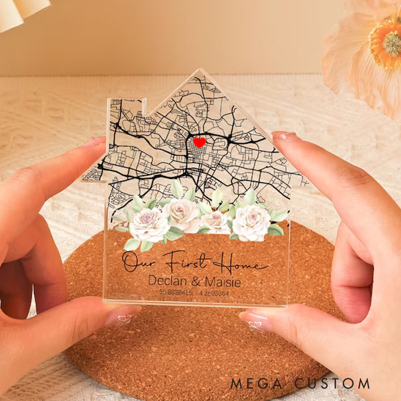 Personalized Housewarming Gift Custom Home Map First Home Gift Location Housewarming Gift Moving Present House Shape Plaque Block Gift