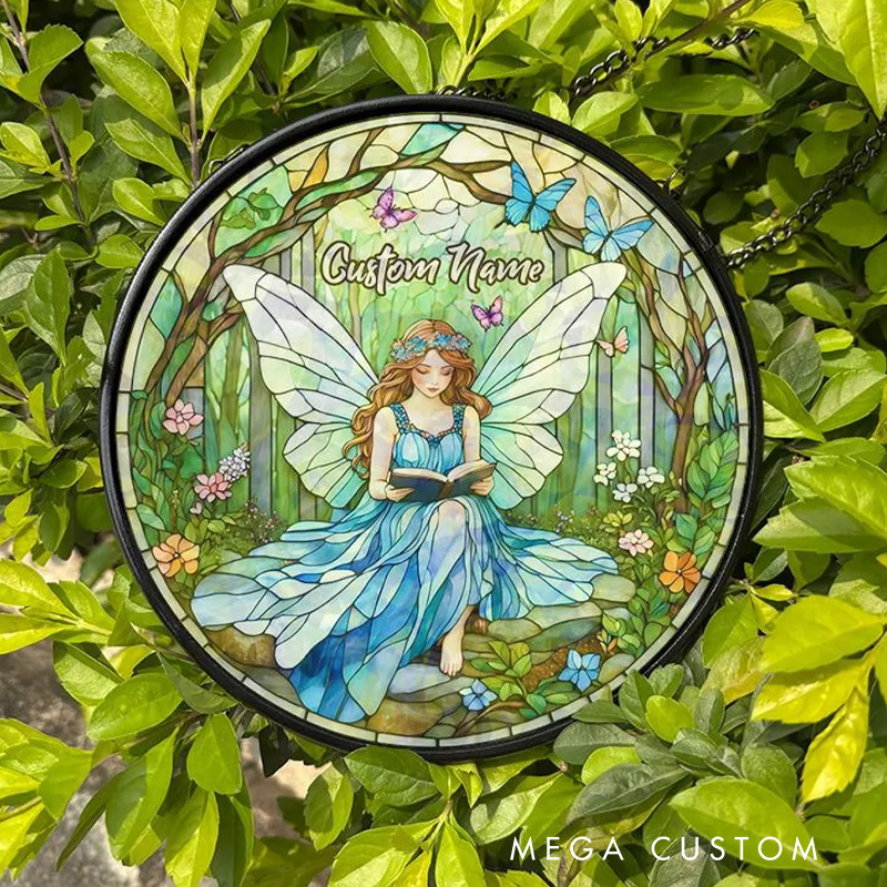 Personalized Butterfly Fairy Reading Book Stained Glass Christmas Fairy Window Hanging Decor with Name for Book Lover Gift Librarian Gift