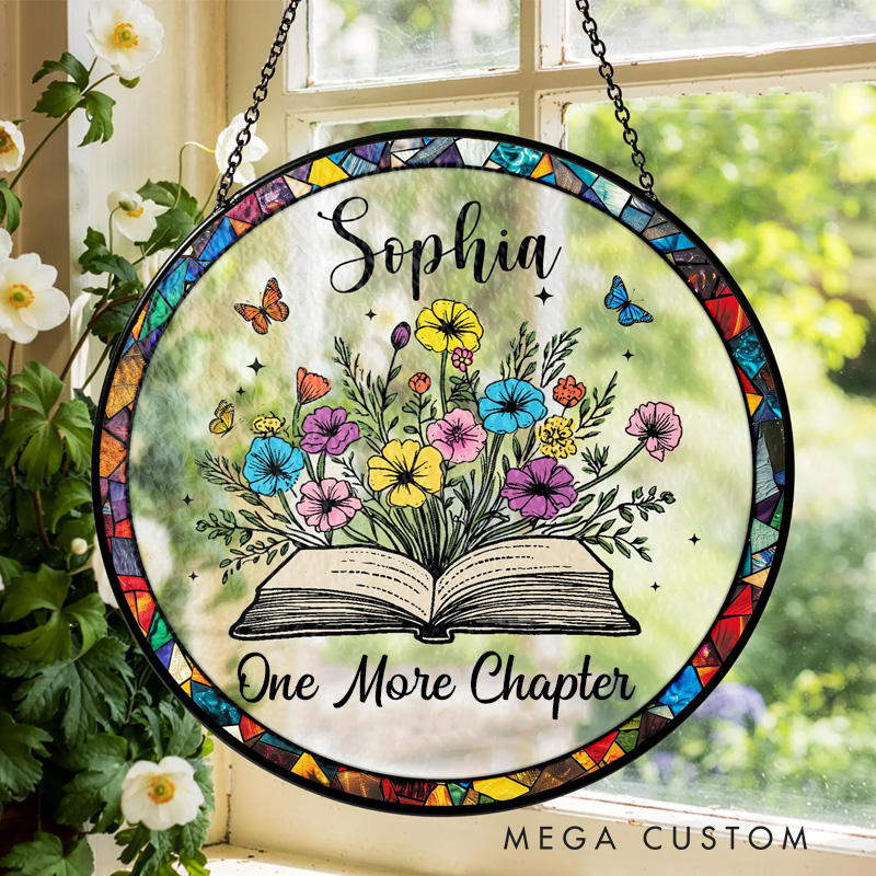 Personalized One More Chapter Stained Glass Floral Book Window Hanging Decor with Name for Book Lover Gift Librarian Gift
