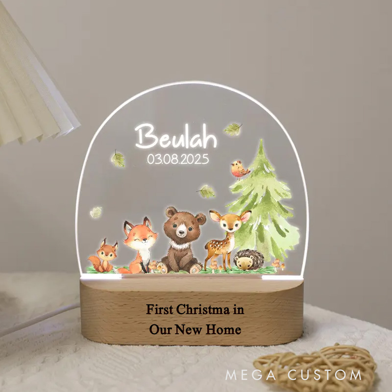 Personalized First Christmas in Our New Home LED Night Light Custom Woodland Animal Design with Name and Date Perfect for Housewarming Gift Home Decor Keepsake