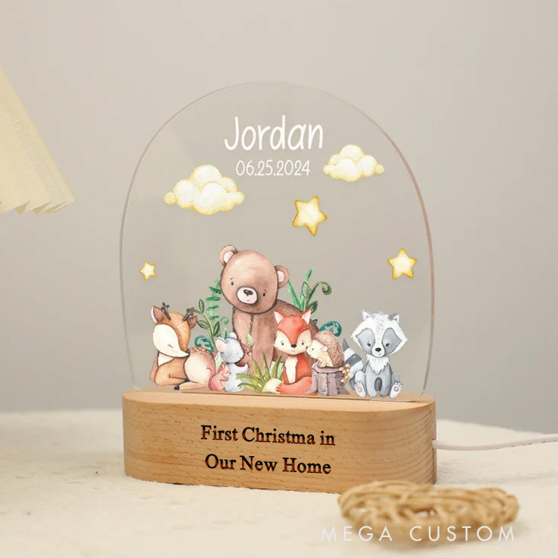 Personalized First Christmas in Our New Home LED Night Light Custom Forest Animal Design with Name and Date Perfect for Housewarming Gift Home Decor Keepsake