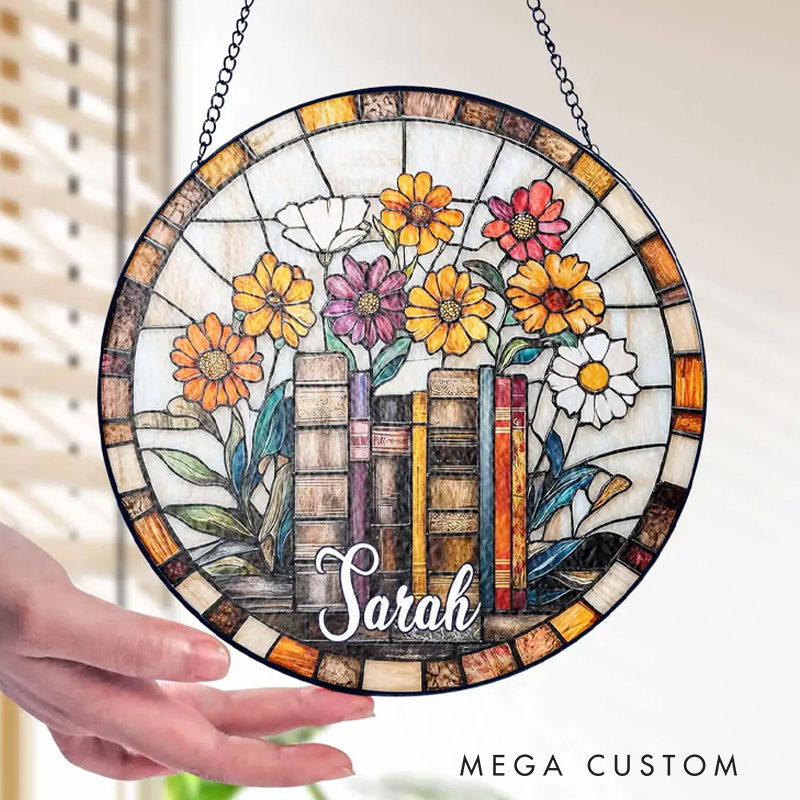 Personalized Book Lover Stained Glass Suncatcher Floral Book Window Hanging with Name Bookish Suncatcher for Book Lover Gift Librarian Gift