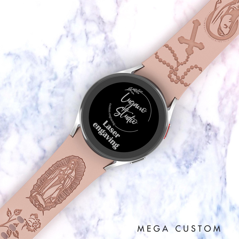 Personalized Virgin Mary with Cross Silicone Watch Band with Name for Huawei Samsung Watch Religious Christian Gift for Her Mother's Day Gift