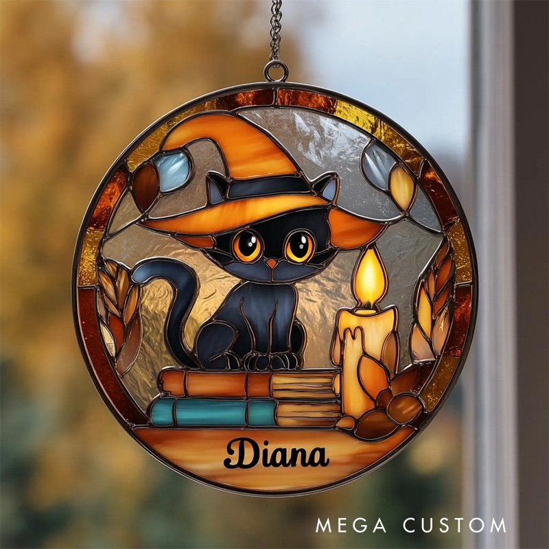 Personalized Black Cat on Book Stained Glass Suncatcher Spooky Cat Window Hanging Halloween Suncatcher for Book Lover Gift Librarian Gift