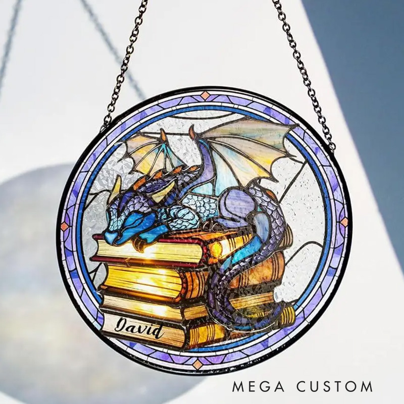Personalized Book Dragon Stained Glass Suncatcher Fantasy Dragon Window Hanging Bookish Art Decor for Book Lover Gift Librarian Gift