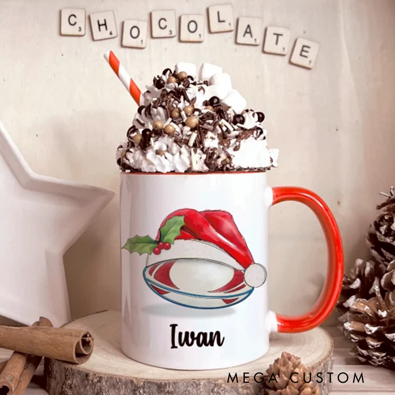 Personalized Christmas Mug with Sports Theme and Custom Name Design