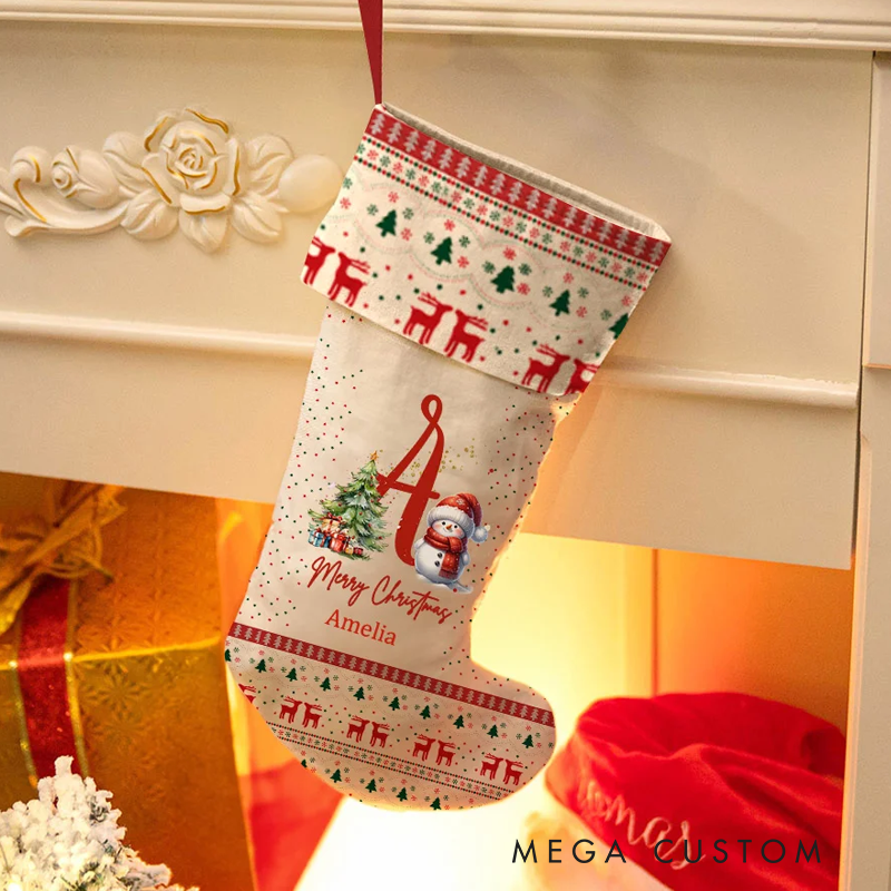 Personalized Cute Holly Hat Snowman Merry Christmas Stocking with Initial and Name Holiday Tree Fireplace Decor Family Party Gift